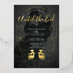 Invitación Con Relieve Metalizado Boda Foto Cráneo Dorado Negro Floral Gótico