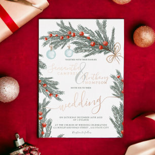 Invitación Con Relieve Metalizado Boda foto de Navidad de invierno de pino verde