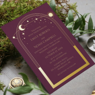 Invitación Con Relieve Metalizado Boda Foto Sol Luna Estrellas Ciruela Mística Dorad