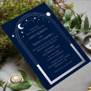 Invitación Con Relieve Metalizado Boda Foto Sol Luna Estrellas Plateado Místico Azul