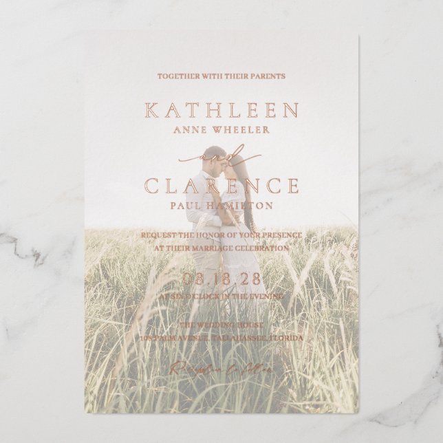 Invitación Con Relieve Metalizado Boda fotográfica clásica elegante (Anverso)