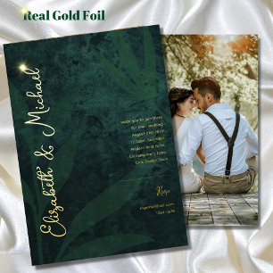 Invitación Con Relieve Metalizado Boda FOTOGRÁFICA Premium Verde Oro Hoja