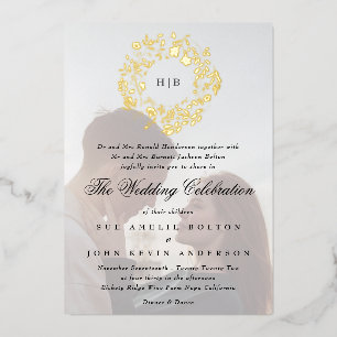 Invitación Con Relieve Metalizado Boda fotográfico clásico de flores de oro botánico