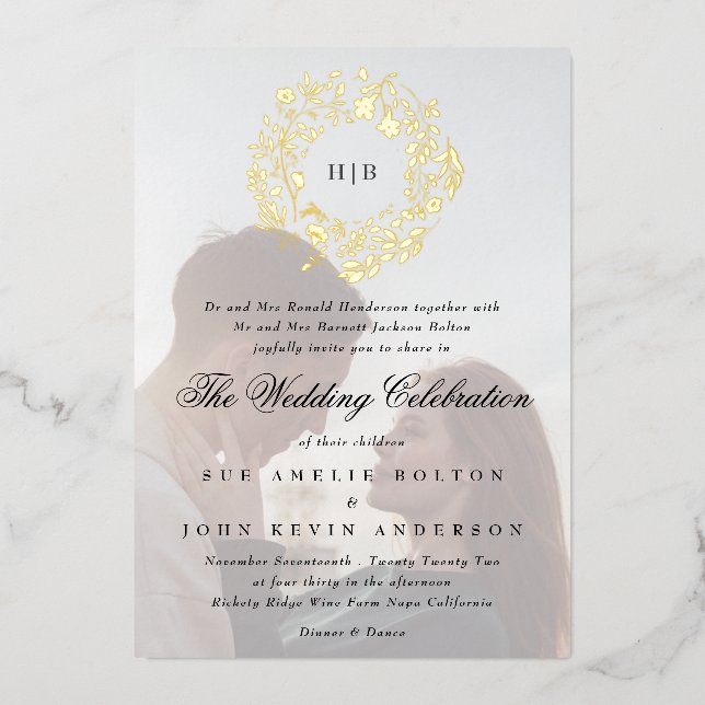 Invitación Con Relieve Metalizado Boda fotográfico clásico de flores de oro botánico (Anverso)