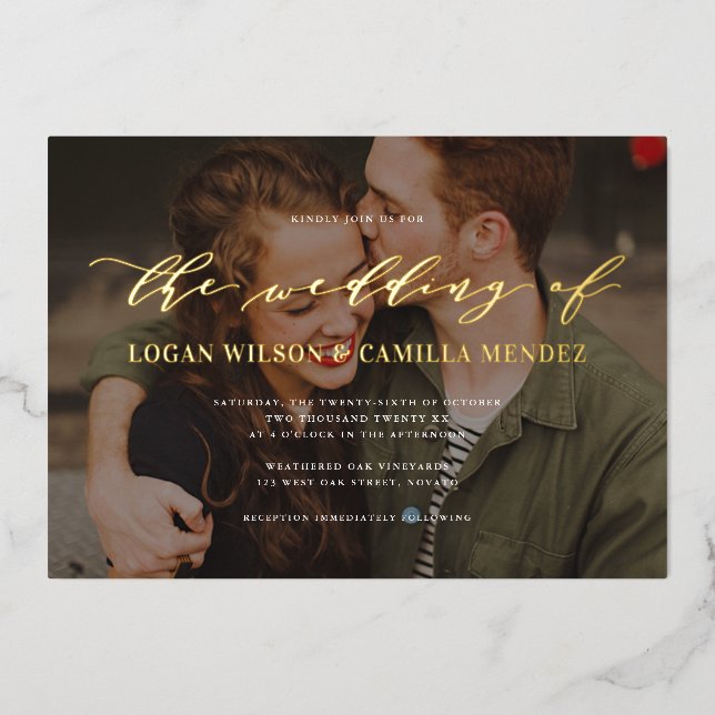 Invitación Con Relieve Metalizado Boda fotográfico de caligrafía moderna REAL (Anverso)