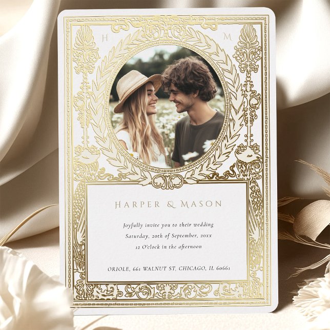 Invitación Con Relieve Metalizado Boda fotográfico de época Ornate Laurel (Subido por el creador)