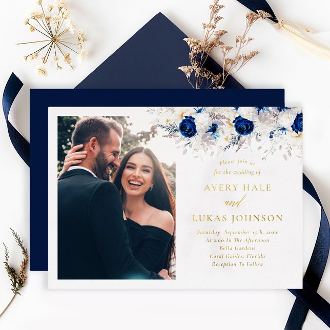 Invitación Con Relieve Metalizado Boda fotográfico de flores azules modernas de oro  (Subido por el creador)