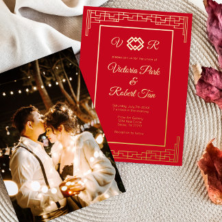 Invitación Con Relieve Metalizado Boda fotográfico de Monograma Rojo asiático