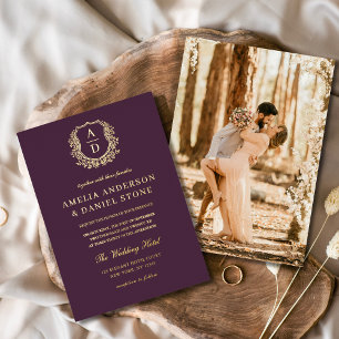 Invitación Con Relieve Metalizado Boda fotográfico de Plum Purple Gold Leafy Escudo