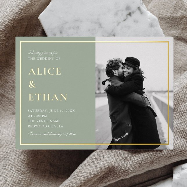 Invitación Con Relieve Metalizado Boda fotográfico de Sage Green Classic (Subido por el creador)