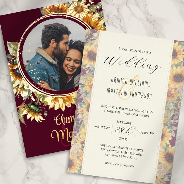 Invitación Con Relieve Metalizado Boda fotográfico de Sunflower Burgundy y Gold Pers (Subido por el creador)