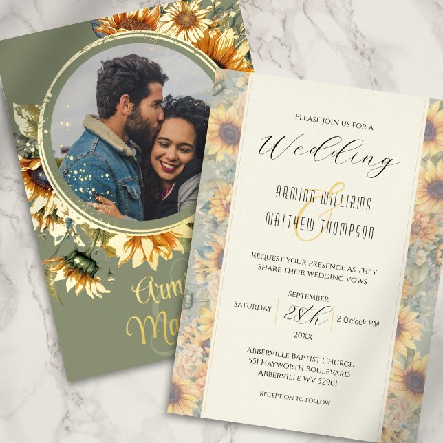 Invitación Con Relieve Metalizado Boda fotográfico de Sunflower Sage Green Personali (Subido por el creador)