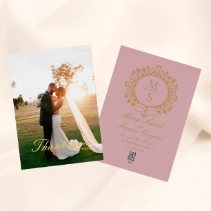 Invitación Con Relieve Metalizado Boda fotográfico dorado monograma gracias a las ta