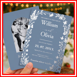 Invitación Con Relieve Metalizado Boda fotográfico Dusty Blue Silver