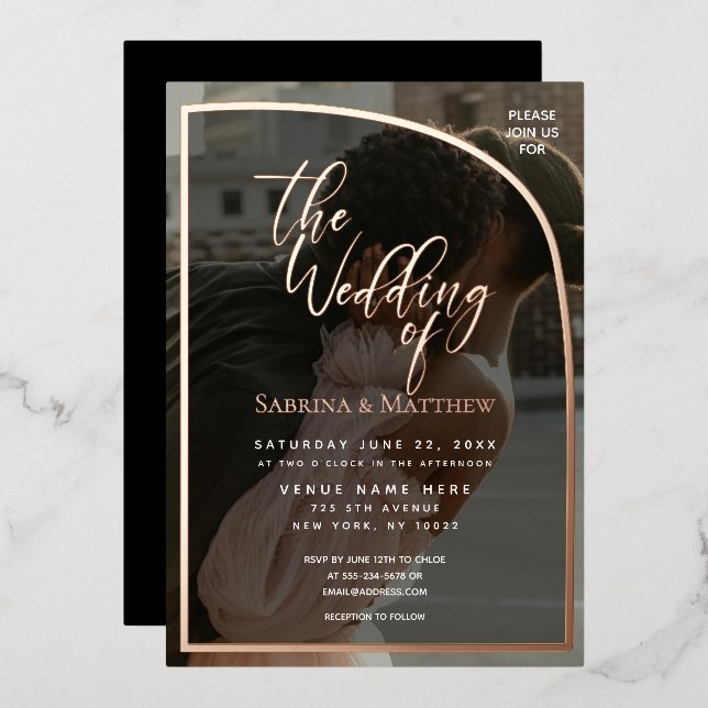 Invitación Con Relieve Metalizado Boda fotográfico moderno de medio arco (Anverso/Reverso)