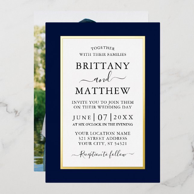 Invitación Con Relieve Metalizado Boda fotográfico moderno elegante oro azul (Anverso/Reverso)