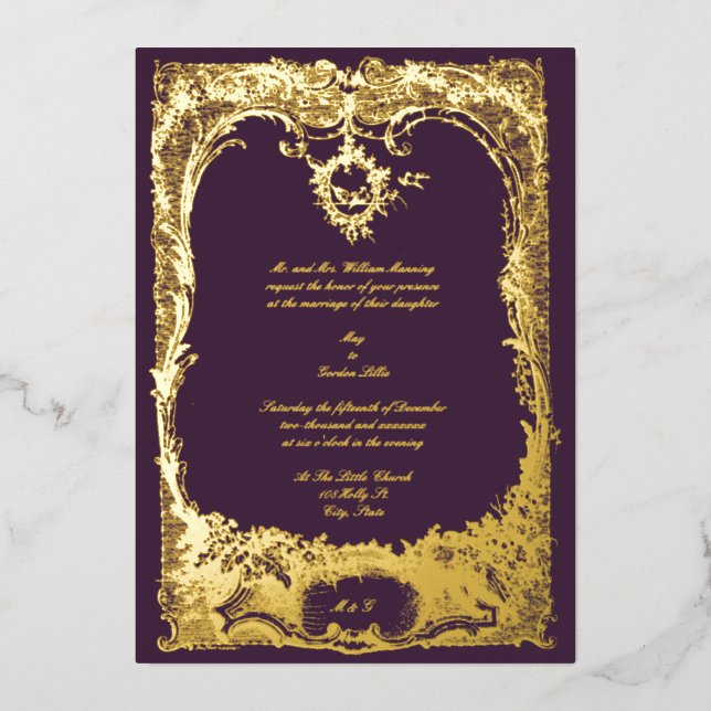Invitación Con Relieve Metalizado Boda francés Luis XV Rococo (Anverso)