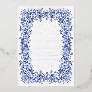 Invitación Con Relieve Metalizado Boda Francesa Floral Chinoisería Azul Plateado