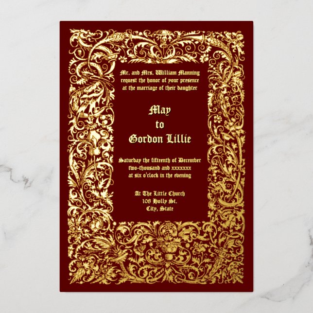 Invitación Con Relieve Metalizado Boda fronterizo de olivares medievales renacentist (Anverso)