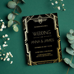 Invitación Con Relieve Metalizado Boda Gatsby Art Deco Negro y Dorado