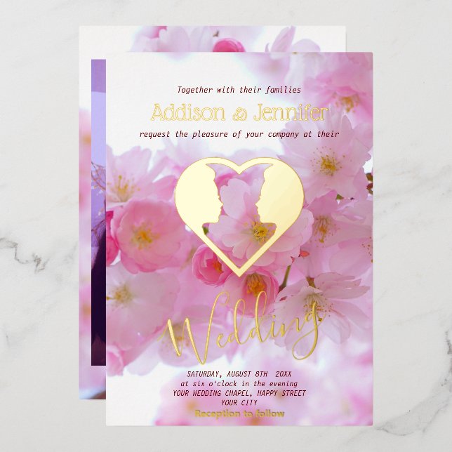 Invitación Con Relieve Metalizado Boda gay de flor de cerezo rosa y oro (Anverso/Reverso)