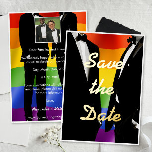 Invitación Con Relieve Metalizado Boda Gay Moderna Elegante Arcoíris Dorado