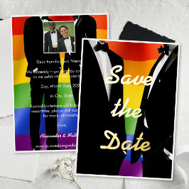 Invitación Con Relieve Metalizado Boda Gay Moderna y Elegante Arcoíris Dorado