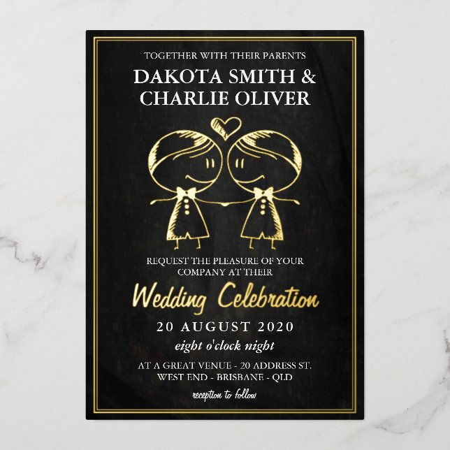 Invitación Con Relieve Metalizado Boda gay negro y dorado (Anverso)