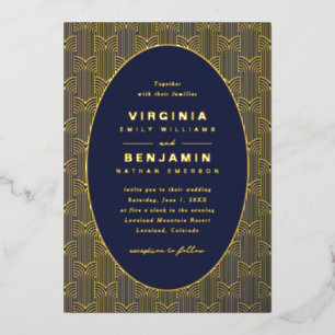 Invitación Con Relieve Metalizado Boda Geométrica Azul Marino