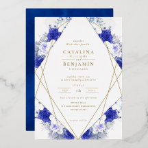 Boda geométrica con letras doradas y azul marino p