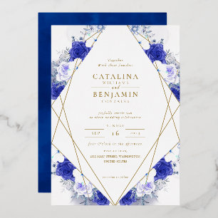 Invitación Con Relieve Metalizado Boda geométrica con letras doradas y azul marino p