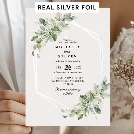 Invitación Con Relieve Metalizado Boda geométrica de greenery rústica de plata real