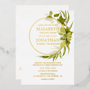 Invitación Con Relieve Metalizado Boda geométrica de oro con sauce de cerveza verde