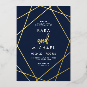 Invitación Con Relieve Metalizado Boda geométrica elegante de oro y azul medianoche