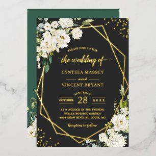 Invitación Con Relieve Metalizado Boda Geométrica Flor de Peonía Blanca Dorada