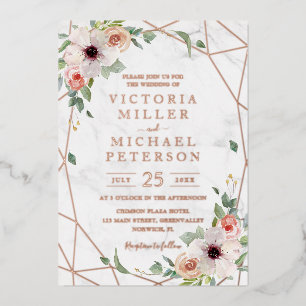 Invitación Con Relieve Metalizado Boda geométrica floral bohemio rosa oro rosa