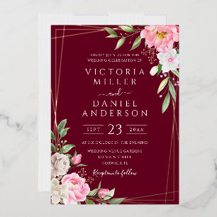 Invitación Con Relieve Metalizado Boda geométrica floral de acuarela de Borgoña en o