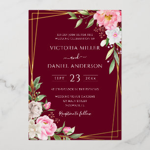 Invitación Con Relieve Metalizado Boda geométrica floral de acuarela en color burdeo