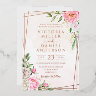 Invitación Con Relieve Metalizado Boda geométrica floral de acuarela rosa y oro