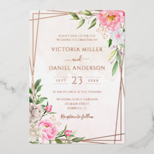 Invitación Con Relieve Metalizado Boda geométrica floral de acuarela rosa y oro