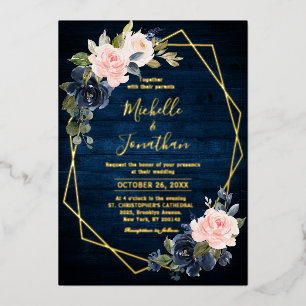 Invitación Con Relieve Metalizado Boda Geométrica Rústica de Madera Azul Marino y Ro