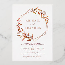 Invitación Con Relieve Metalizado Boda geométrica rústica de otoño con vegetación en