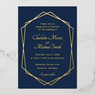 Invitación Con Relieve Metalizado Boda geométrico azul marino y oro