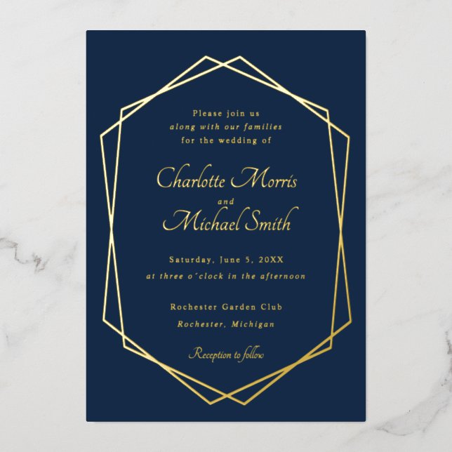 Invitación Con Relieve Metalizado Boda geométrico azul marino y oro (Anverso)