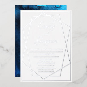 Invitación Con Relieve Metalizado Boda Geométrico Azul y Plata