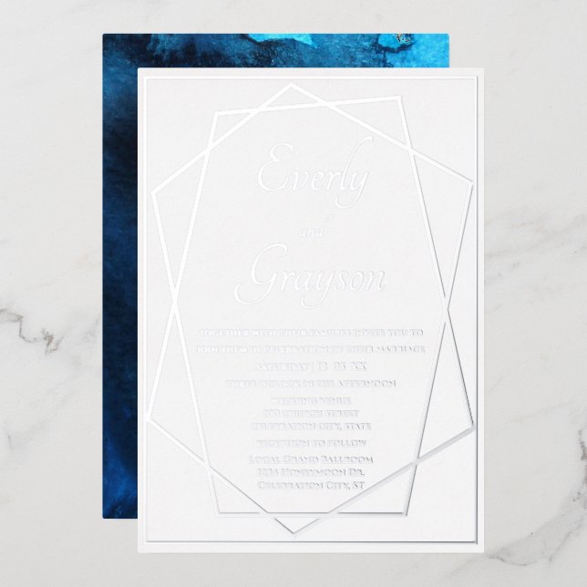 Invitación Con Relieve Metalizado Boda Geométrico Azul y Plata (Anverso/Reverso)