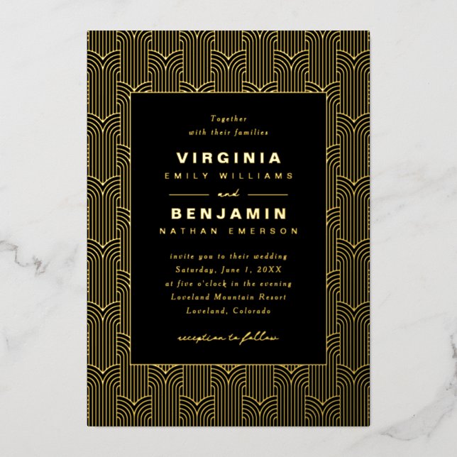 Invitación Con Relieve Metalizado Boda geométrico de oro negro (Anverso)