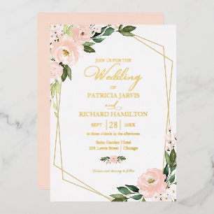 Invitación Con Relieve Metalizado Boda Geométrico Floral Rubor Rosado