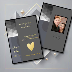 Invitación Con Relieve Metalizado boda geométrico gris seguro la fecha oro