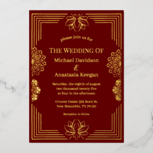 Invitación Con Relieve Metalizado boda geométrico indio de oro rojo elegante